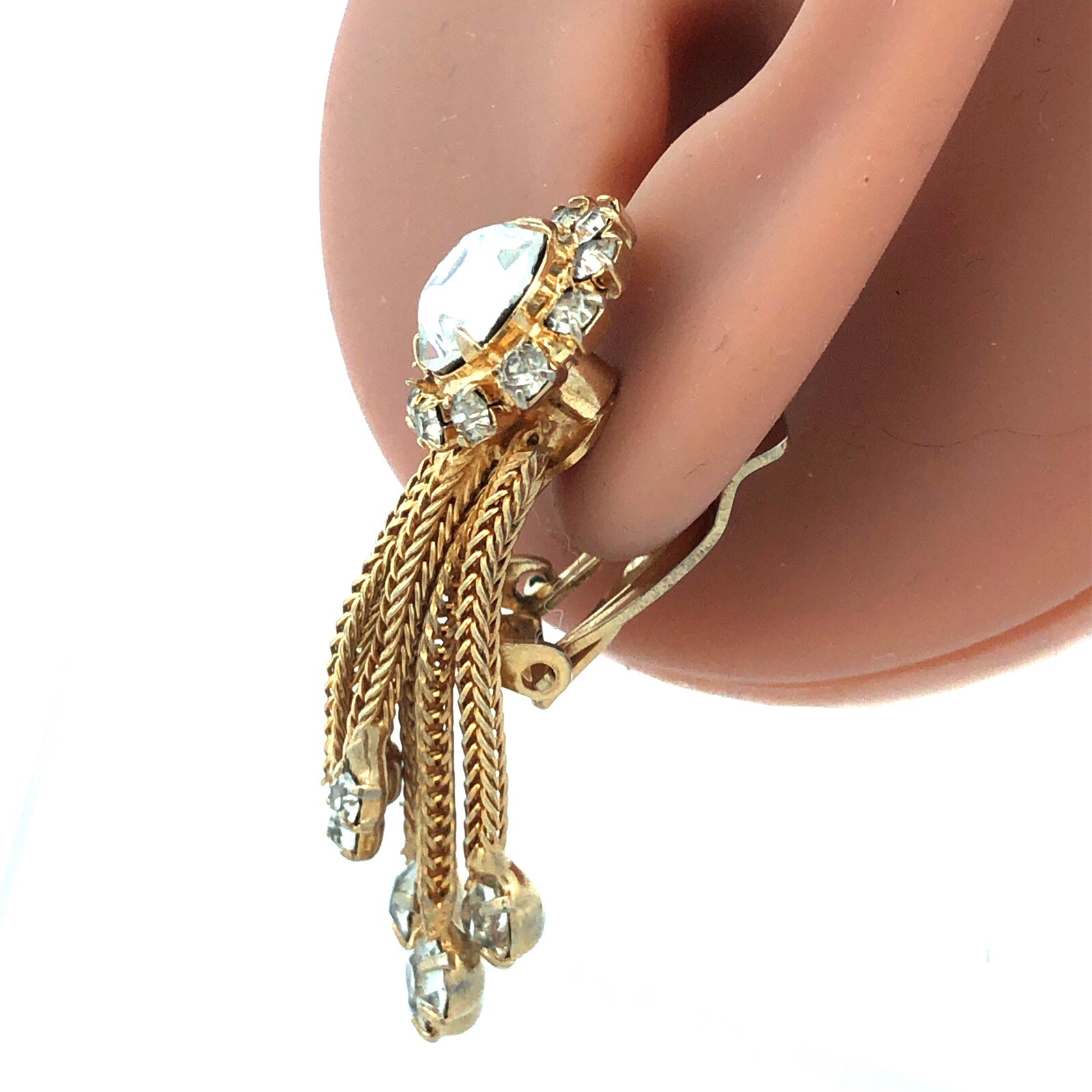 Mid Century Gold Tone Rhinestone Mesh Chain Statement Brooch Earrings 3 Pc Set
