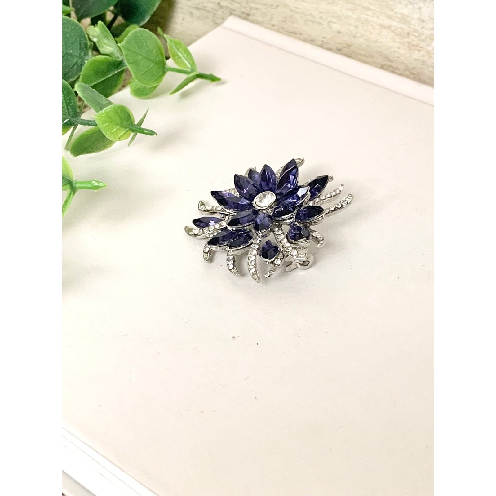 Vintage Blue Violet Rhinestone Flower Brooch Silver Statement Pin Mid Century
