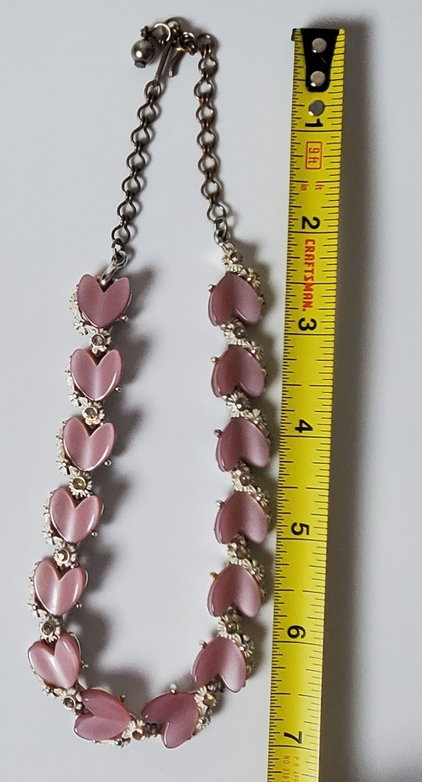 Vintage Necklace Earrings BSK Thermoset Pink Hearts Flowers Coquette Romantic