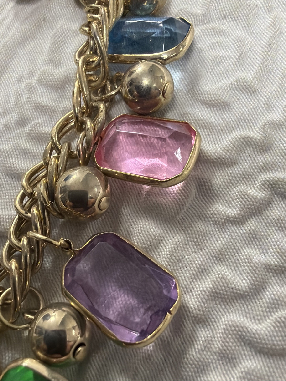 Vintage Gold Plated Multi Color Bezel Set Crystal & Gold Spacer 18” Necklace