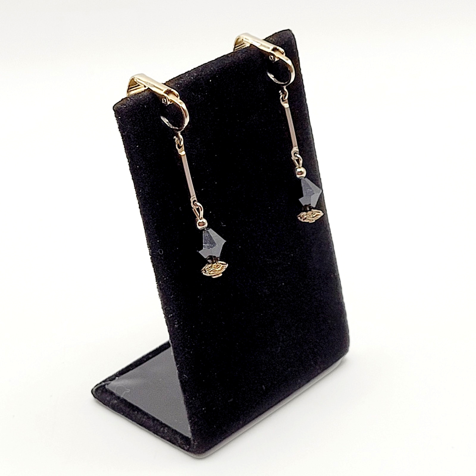 Minimalist Art Deco Drops Black Bicone Crystal Gold Tone Vtg Clip On Earrings