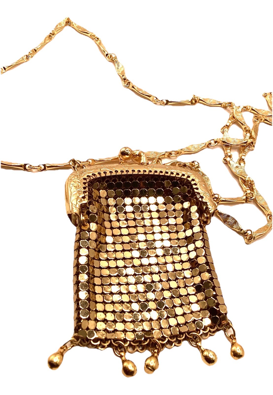 Vintage Gold Tone Mesh Chatelaine Purse Necklace Whiting Davis Pursette 1960s