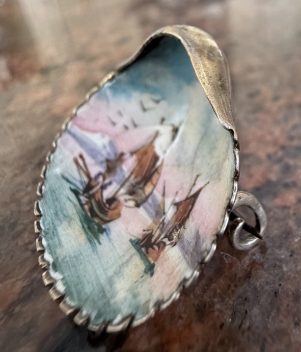 Antique Collectibles 800 Silver China Hand-Painted Sailboat Brooch Rare