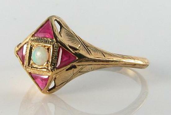 9CT 9K GOLD INDIAN RUBY AUSTRALIAN OPAL ART DECO INS COCLTAIL RING FREE Sz