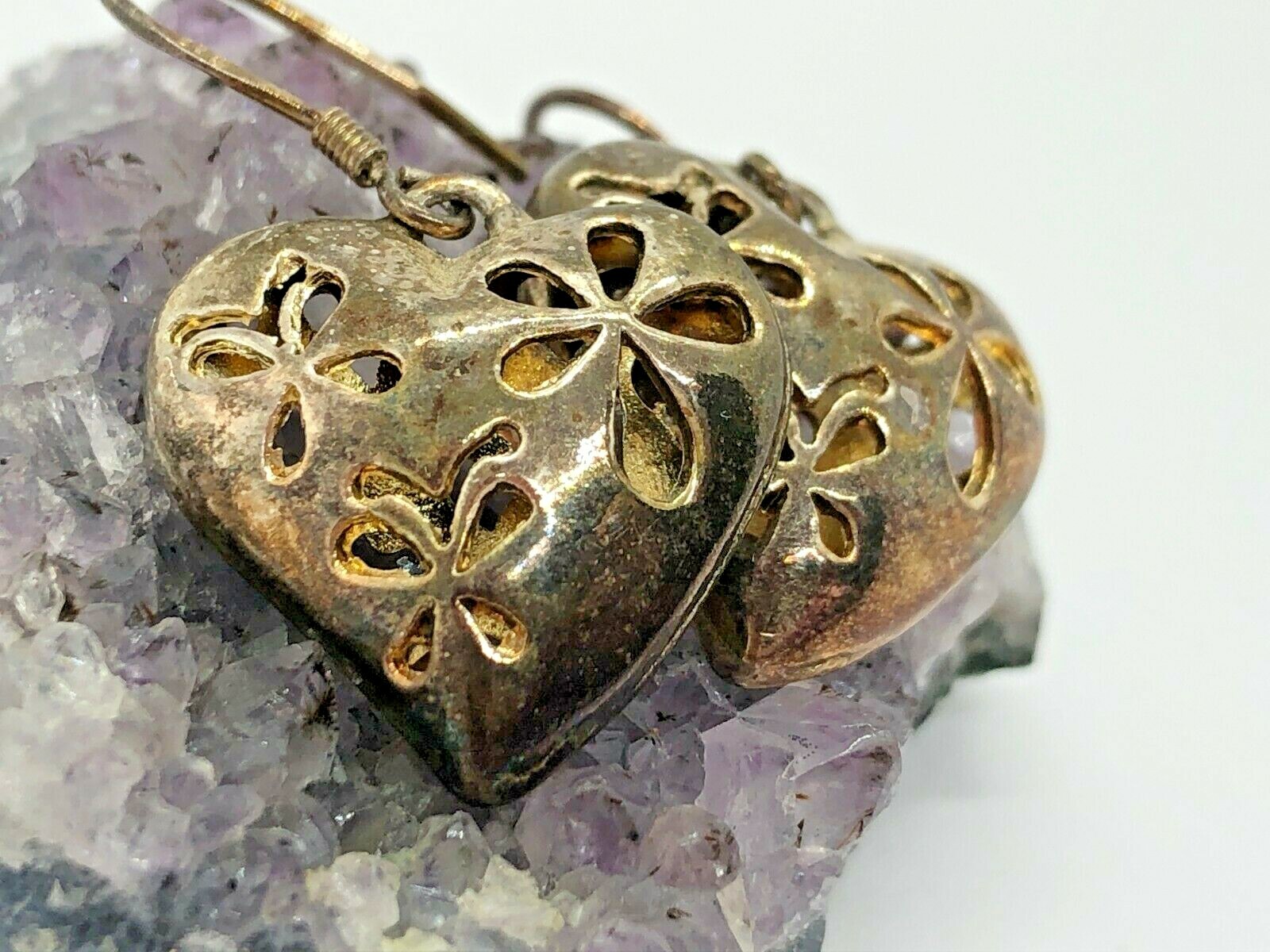 Vintage Sterling Silver Floral Hearts Flowers Dangle Earrings 5.6 Grams