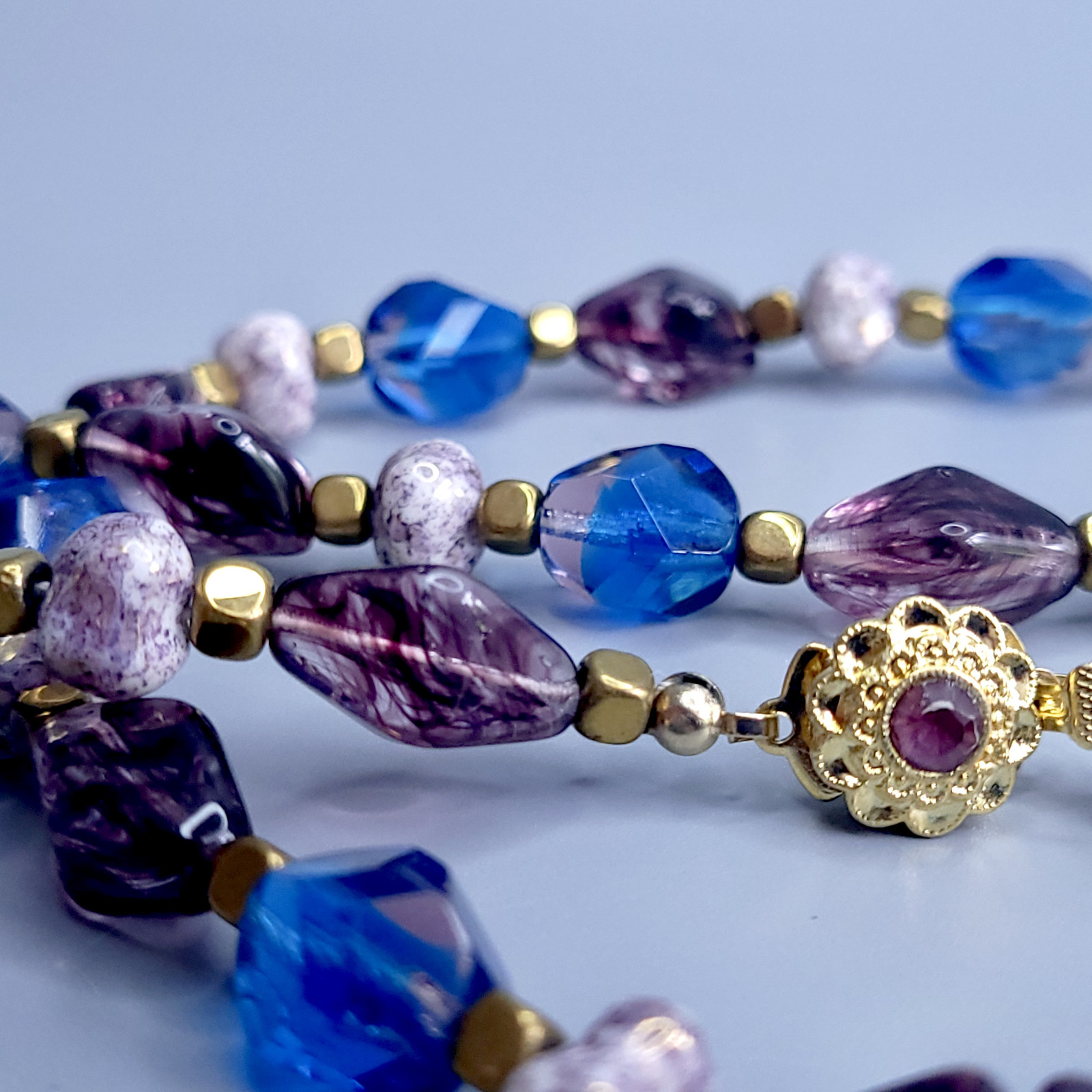 Necklace 20” Blue and Purple Glass Czech Vintage Beads Women`s Jewelry