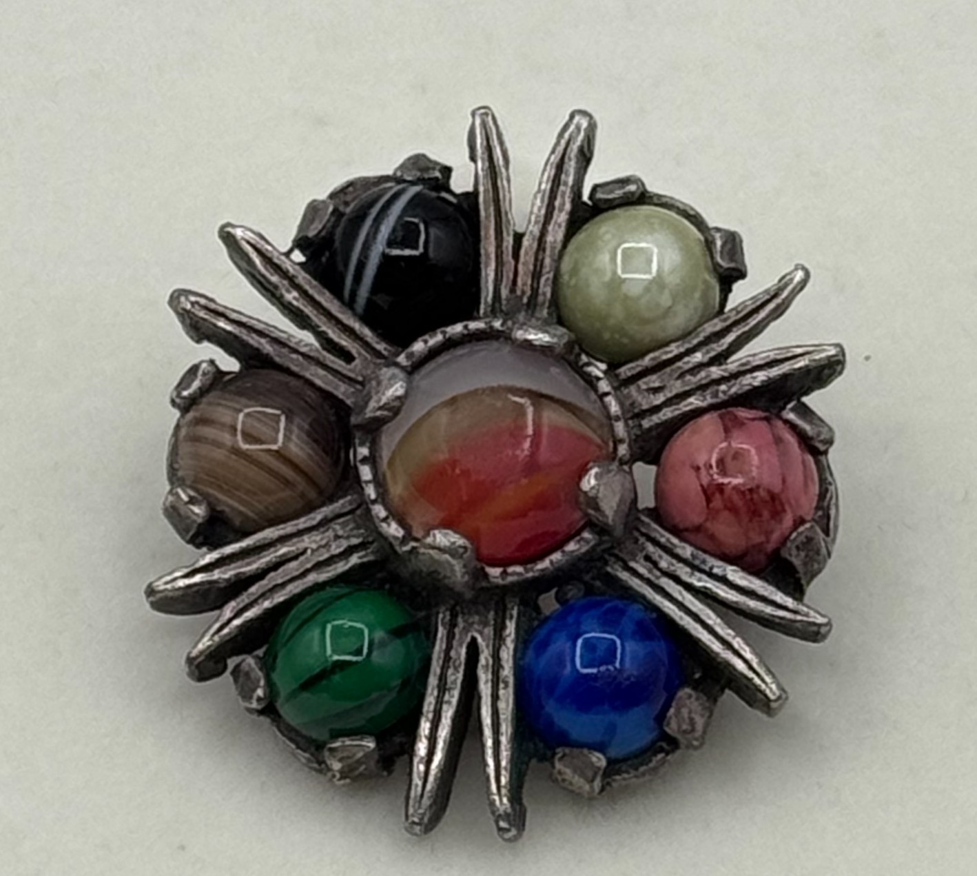 Vintage Miracle Scottish Celtic Pewter Agate Multi-Stone Starburst Brooch Pin