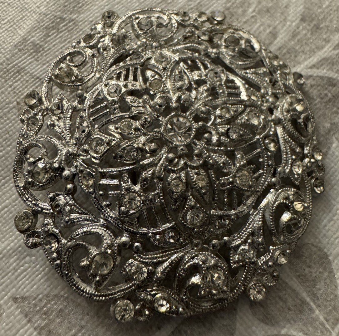 Vintage Brooch New England Glass Works Filigree Rhinestones Silver Round 2.25”