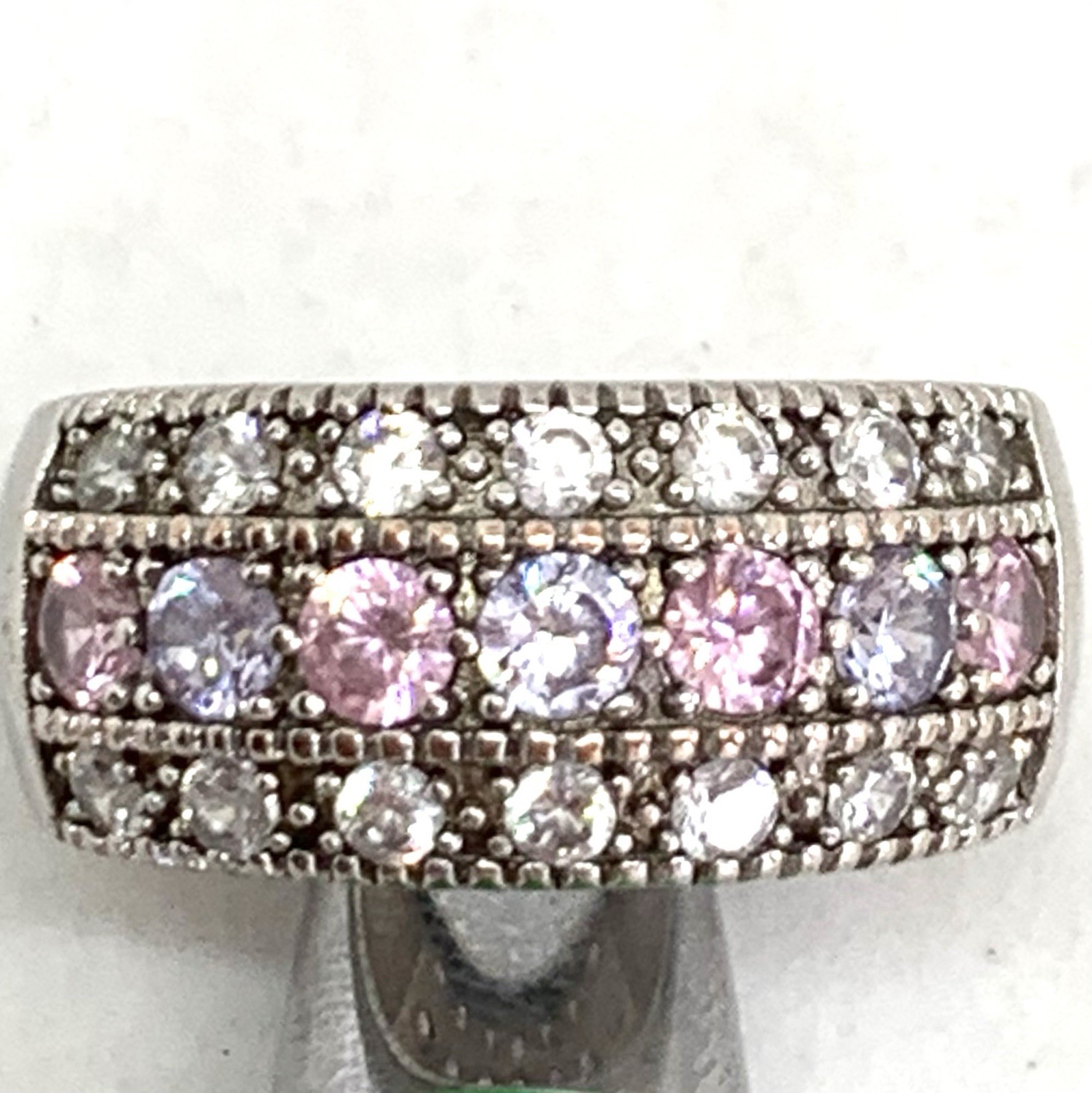 925 Sterling Silver Pink Light Purple White Topaz Three Row Band Ring Sz 6.25