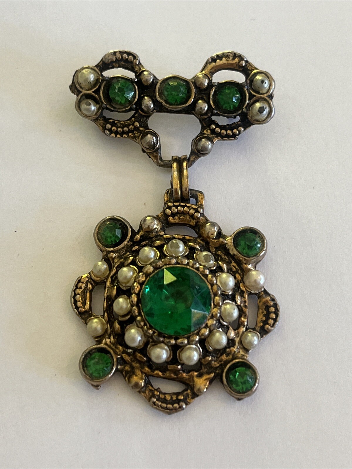 Vintage Austrian Hungarian Brooch Green Rhinestone Pearl Detailing