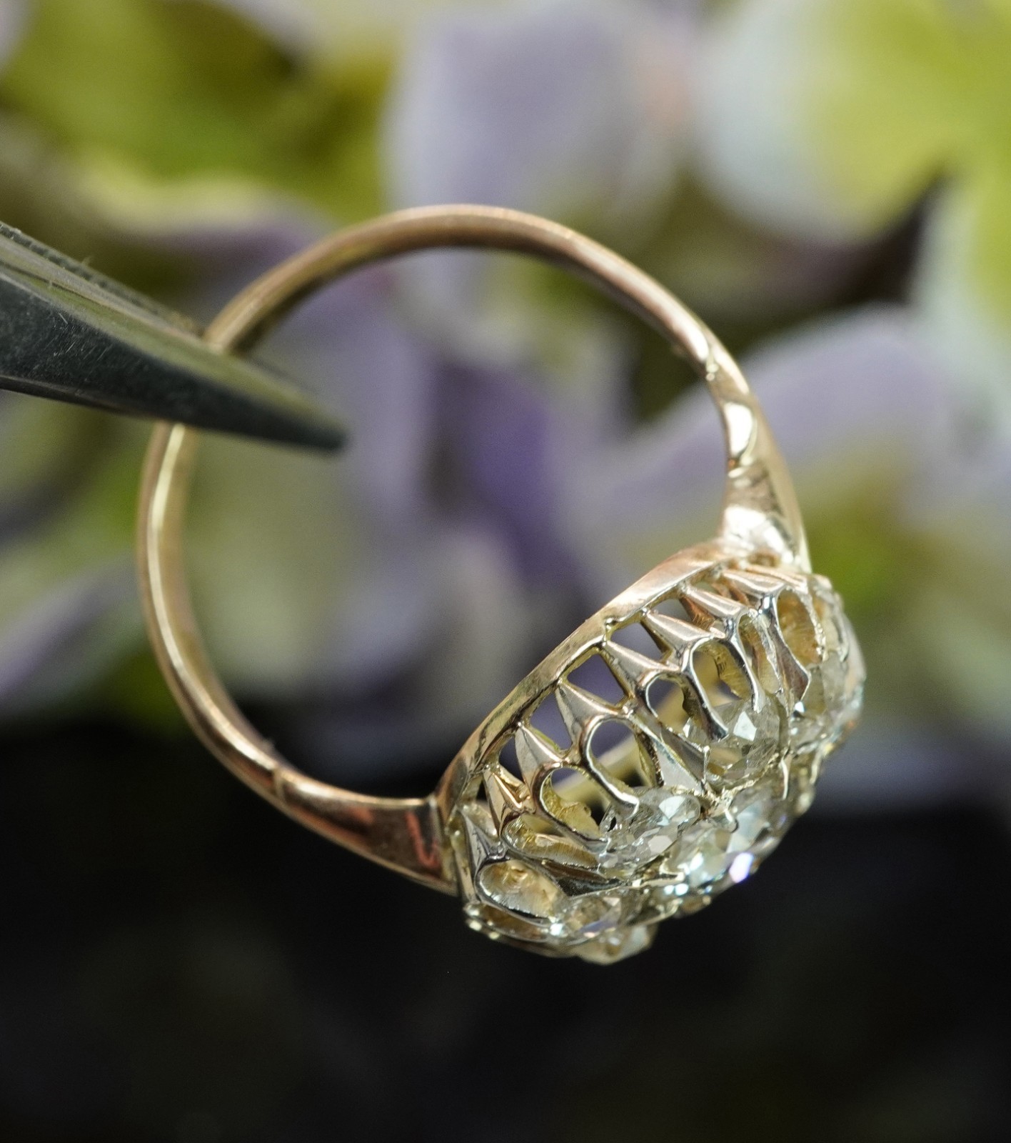 Antique Victorian Old European Mine cut Diamond Filigree Halo Ring 14K Gold