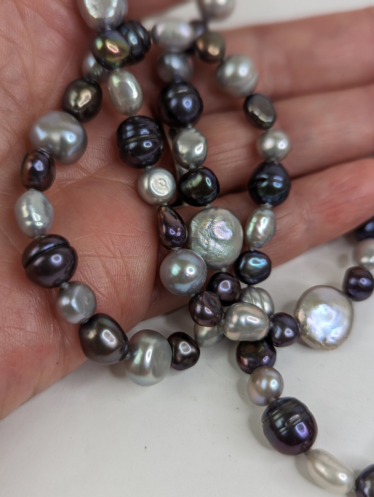 Genuine Baroque Pearl Black Peacock Luster and Silver Gray Necklace 36″ Stunning