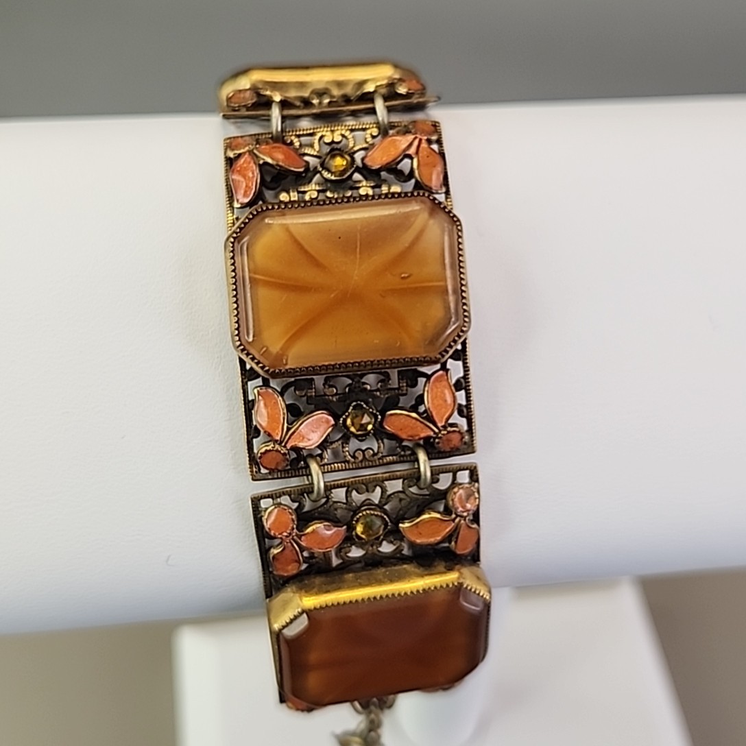 Vintage Panel Bracelet Brown Faux Star Sapphire Peach Enamel Fall Autumn 7.25″