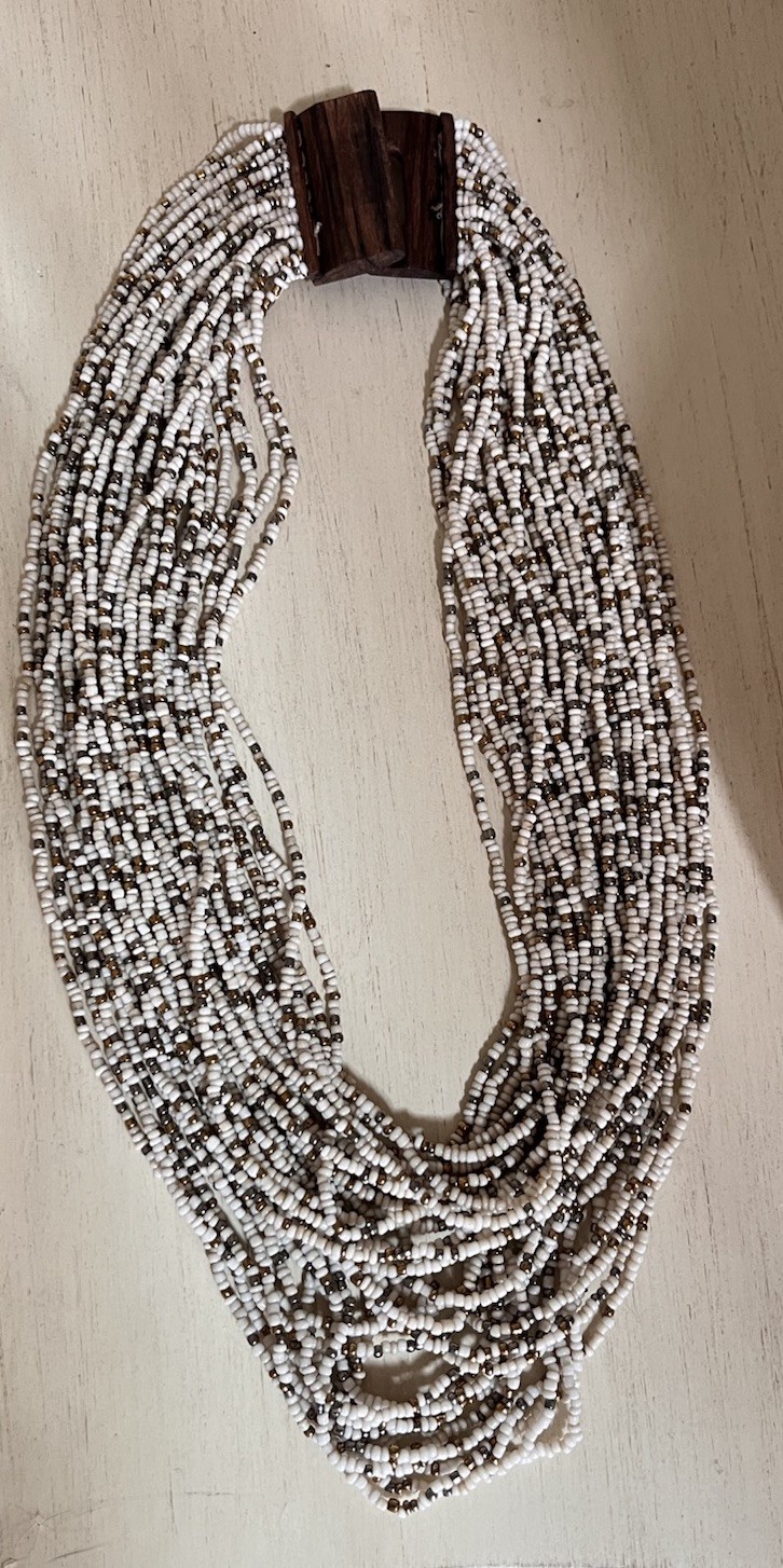 Vintage Multi Layered Ivory Gold Glass Seed Beaded Wood Hook Clasp Boho Necklace