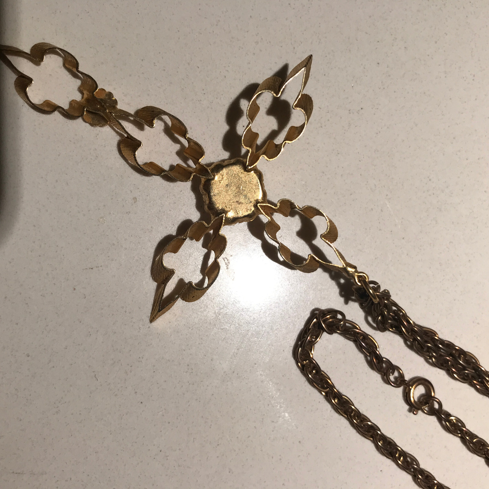 Vintage 3″ Gold Tone Cross 20″ Necklace Simulated Diamond April Birthstone