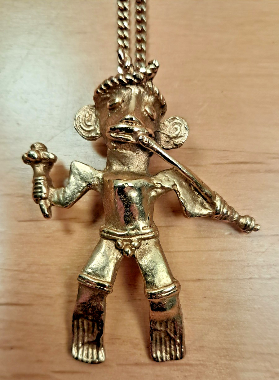Vintage Alva Museum Replicas Gold Aztec Inca Flute Player Pendant