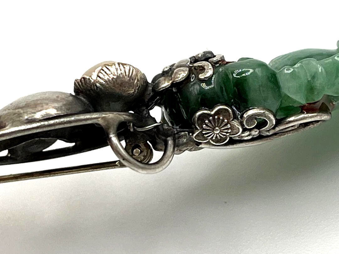 Estate Vtg Chinese Export Carved Green Jadeite Jade 925 Sterling Silver Brooch
