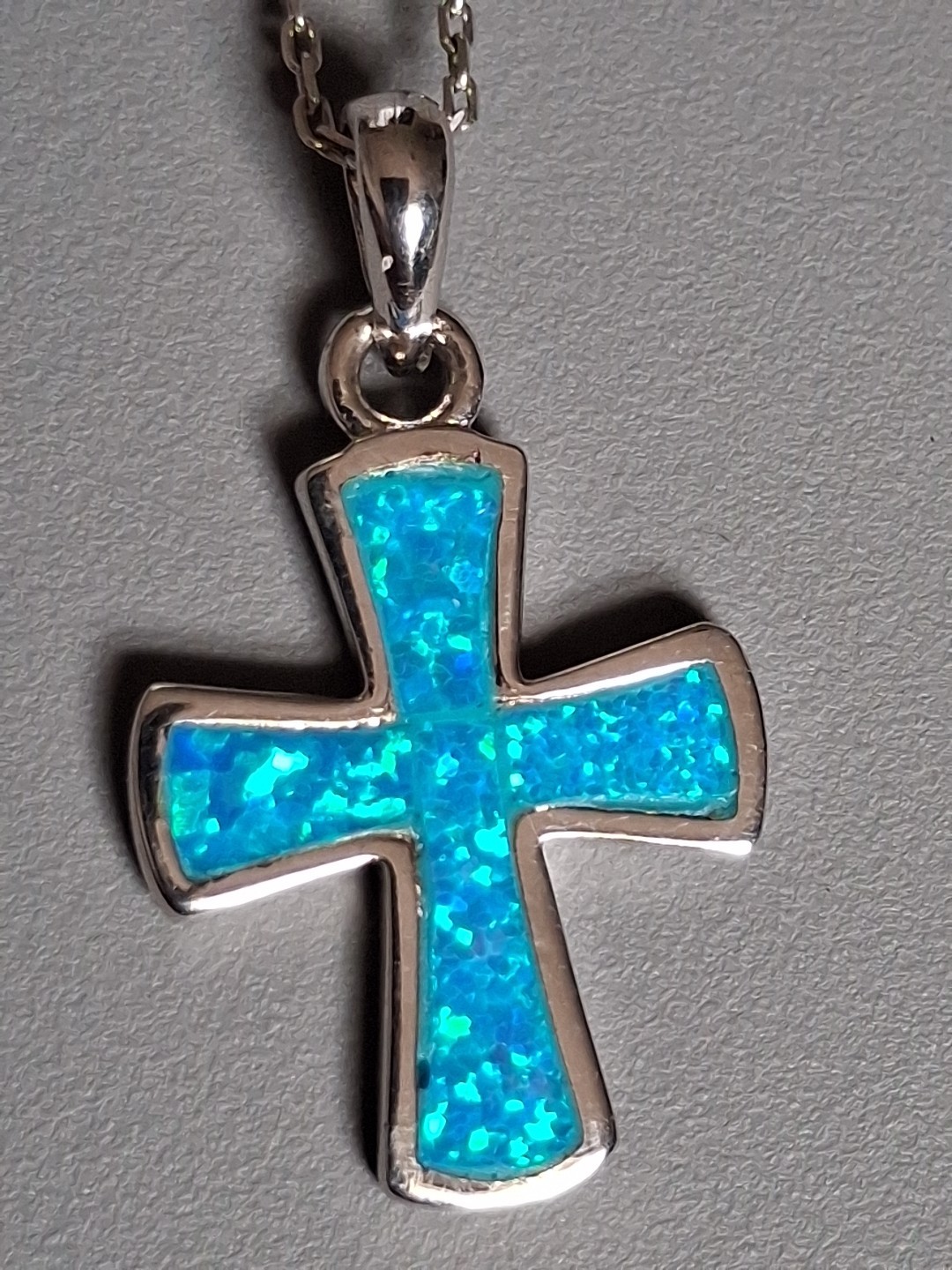 Blue Opal Inlay Rounded .925 Sterling Silver Cross + 18″ Link Silver Chain Italy