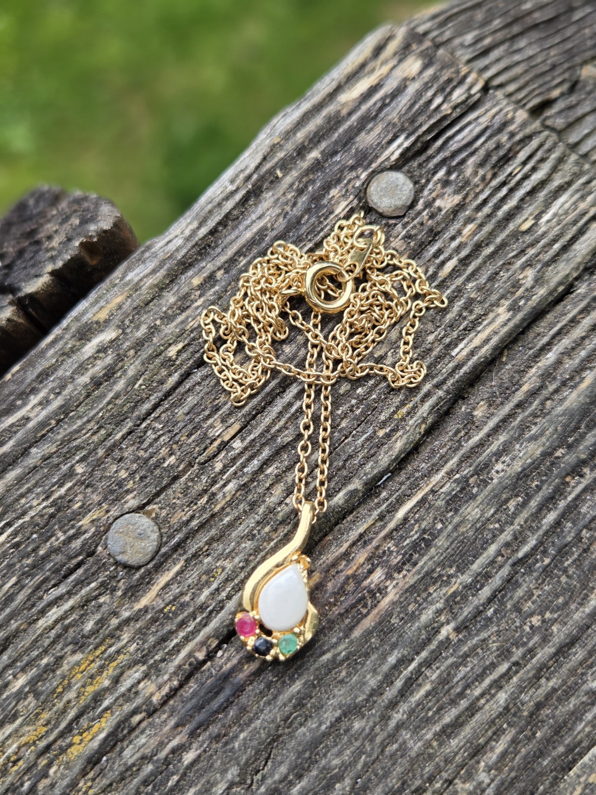 Vintage Faux Opal Ruby Sapphire Emerald Glass Pendant Necklace Chain Art Deco
