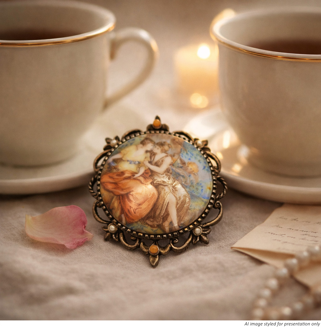 Vintage Rococo Two‑Women Portrait Brooch/Pendant Sapphic Romantic Miniature Art