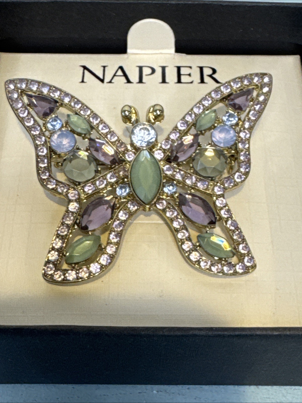 Napier Silver Tone Purple Blue Green Rhinestone BUTTERFLY Brooch Pin, Box No Lid