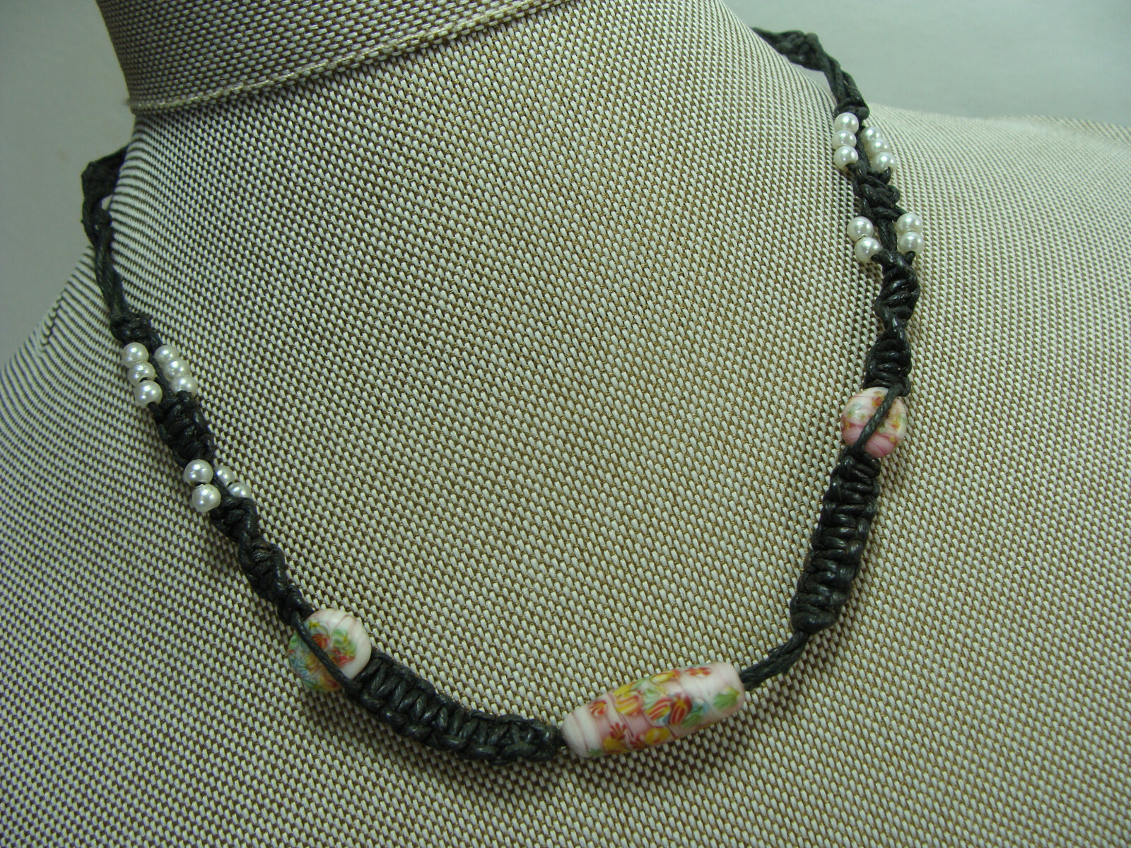 Vtg Millefiori Glass Bead Faux Pearl Hemp Macrame Bohemian Hippy Choker Necklace