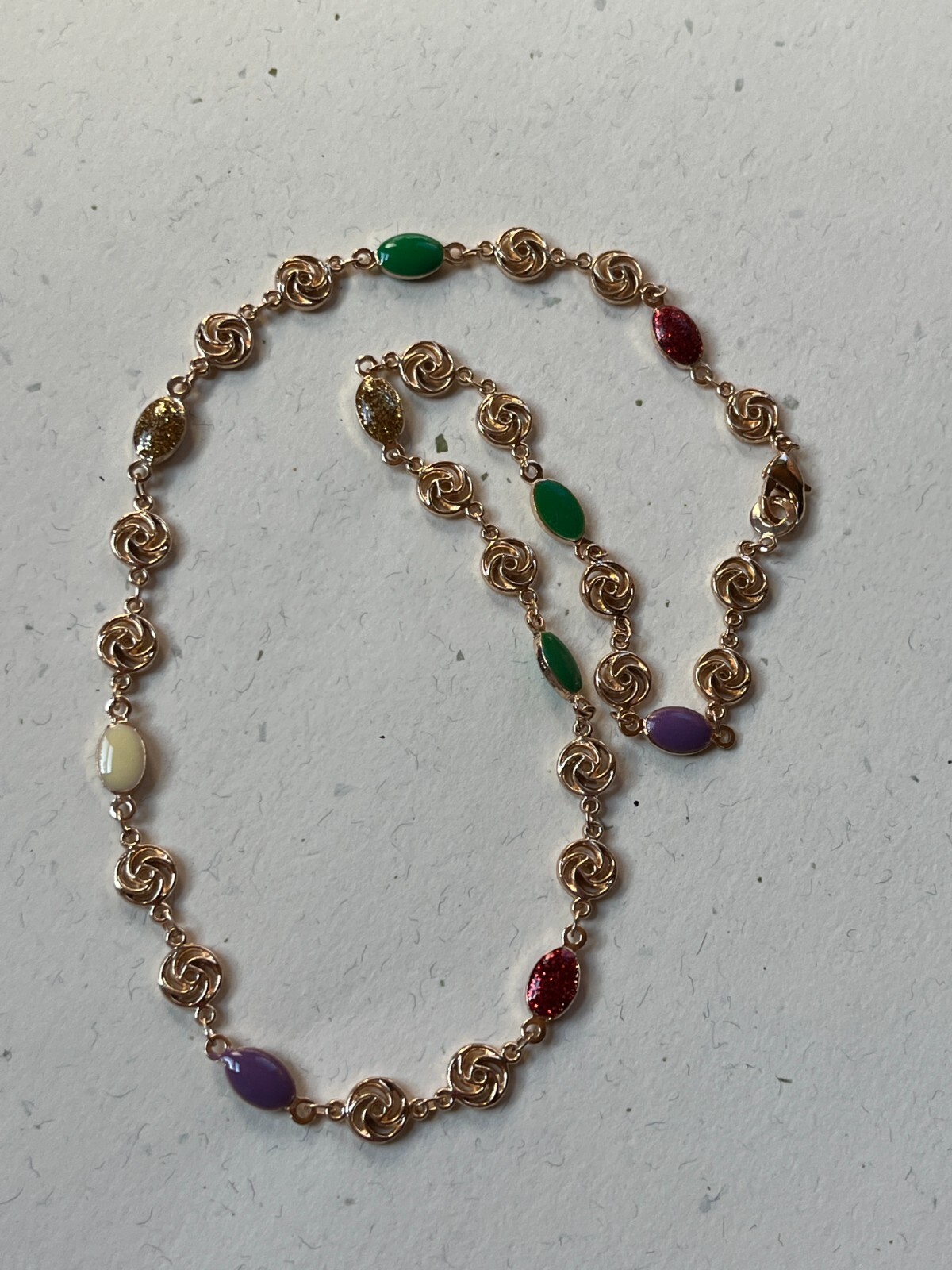 Small Goldtone Rose Flower w Red Green Cream Purple Enamel Oval Link Necklace –