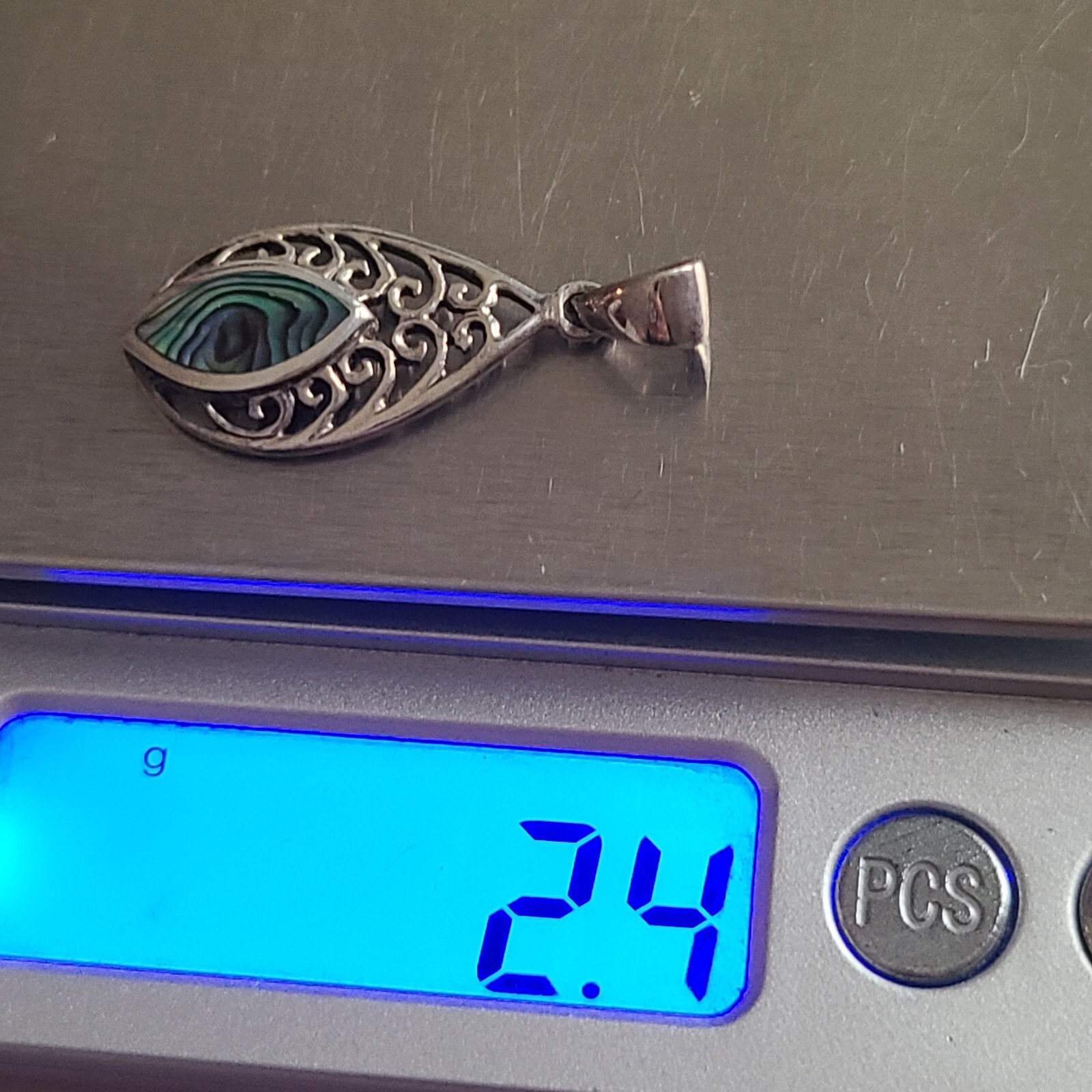 VINTAGE STERLING SILVER BLUE GREEN ABALONE PAUA SHELL MODERNIST DANGLE PENDANT