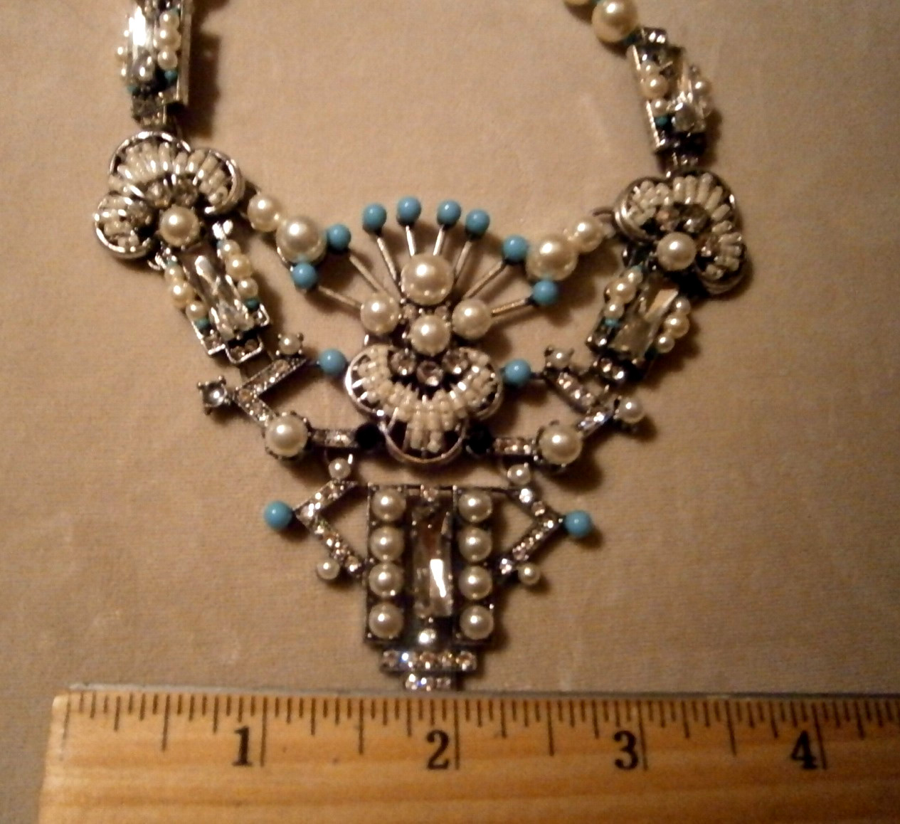 Exquisite Miriam Haskell Pearl Rhinestone Aqua Bead Bib Statement Necklace EUC