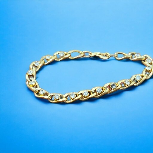 Vintage Rhinestone Curve Chain Link Bracelet Blue Gold Tone Classic Basic Daily