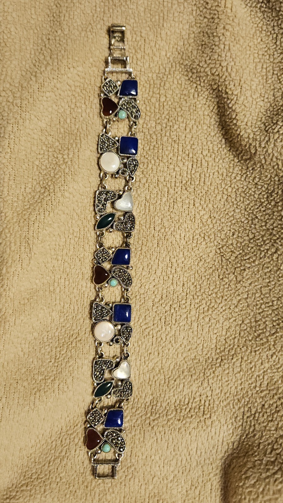 Vintage Signed CW 925 Sterling Silver Multi-Gemstone Marcasite Bracelet 7.5″