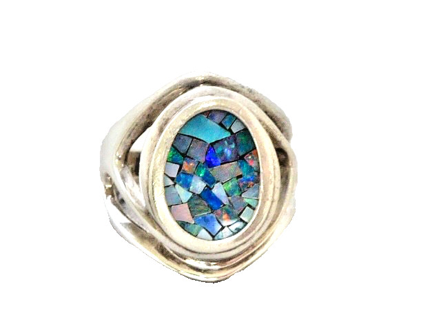 VINTAGE STERLING SILVER SIGNED WK STERLING BLACK. OPAL MOSAIC RING SIZE 7 RING