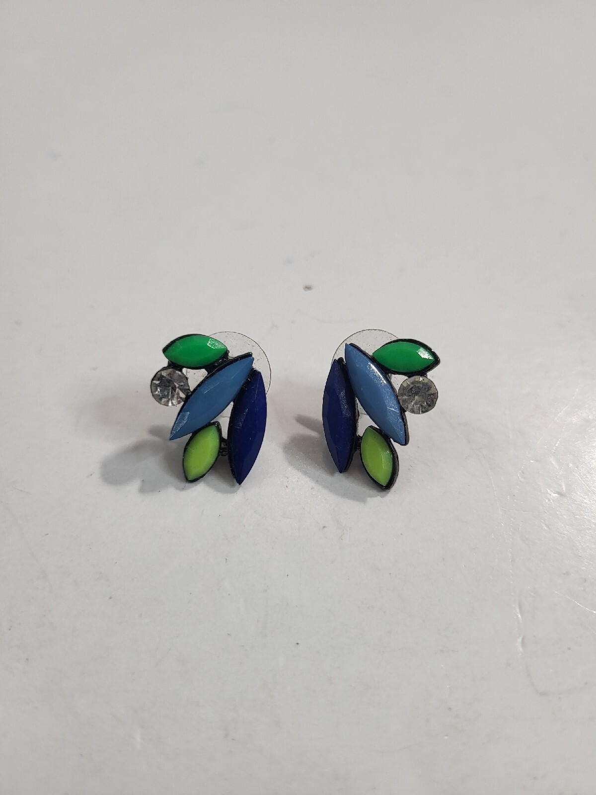 Vintage Peacock Feather Wing Blue Green Enamel Rhinestone Pierced Earrings