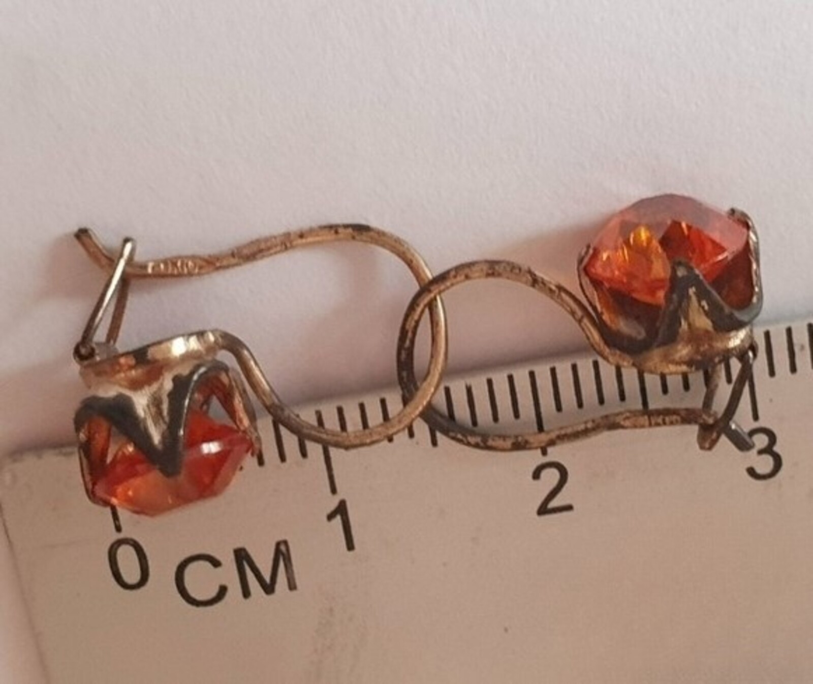 Vintage Earrings 875 ⭐ silver Soviet USSR Weight 2.6 g. Orange gem. Gilding.