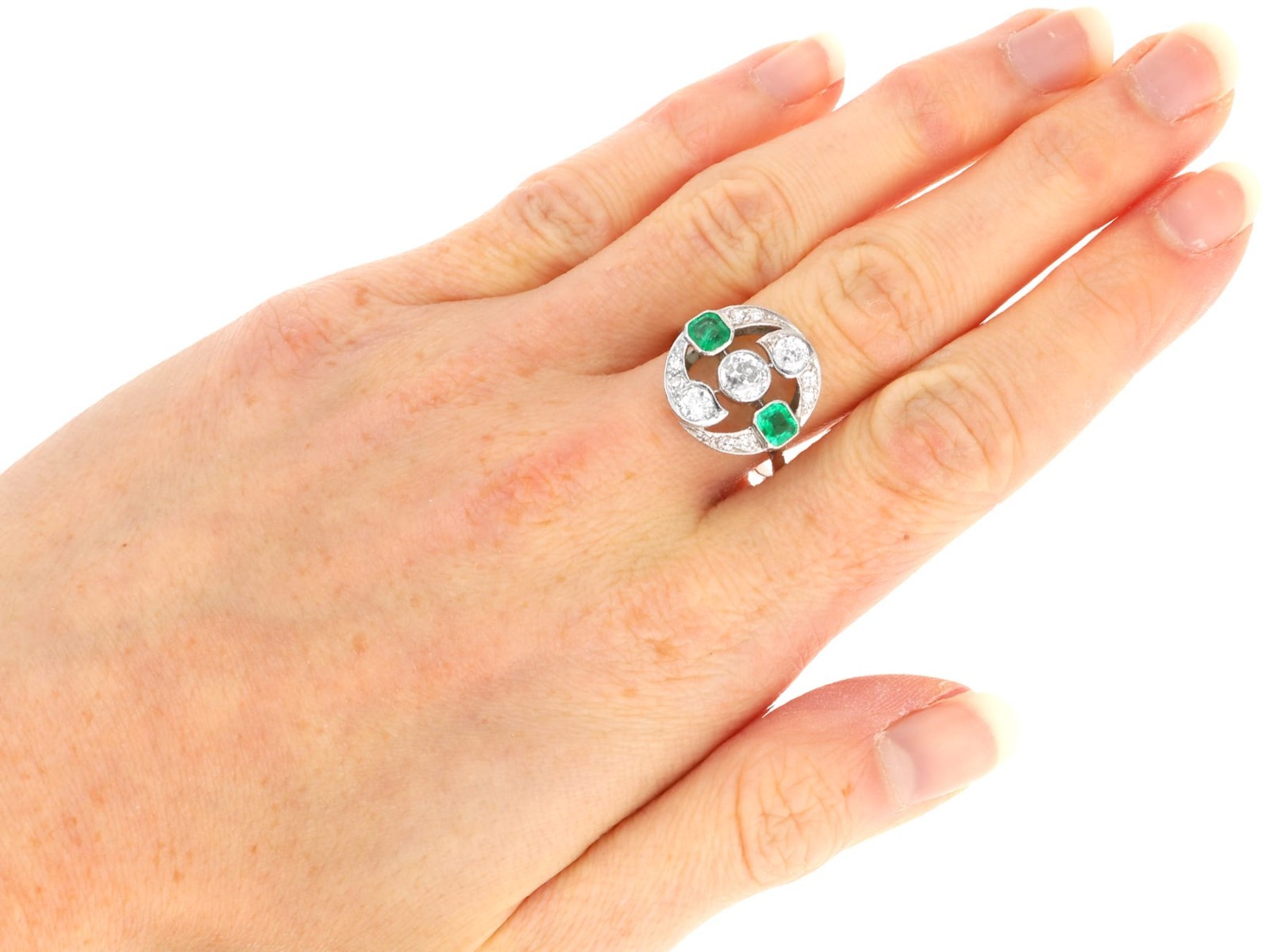 Antique 0.61Ct Emerald and 1.45Ct Diamond 18k White Gold Ring Circa 1920