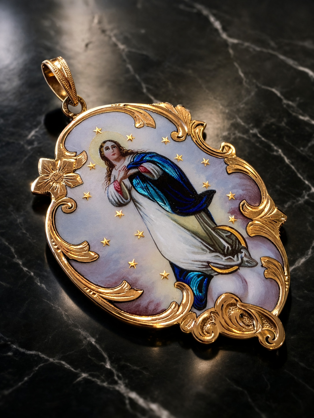 Antique 18K Gold Enamel Virgin Mary Pendant – 19th Century Religious Medal Rare