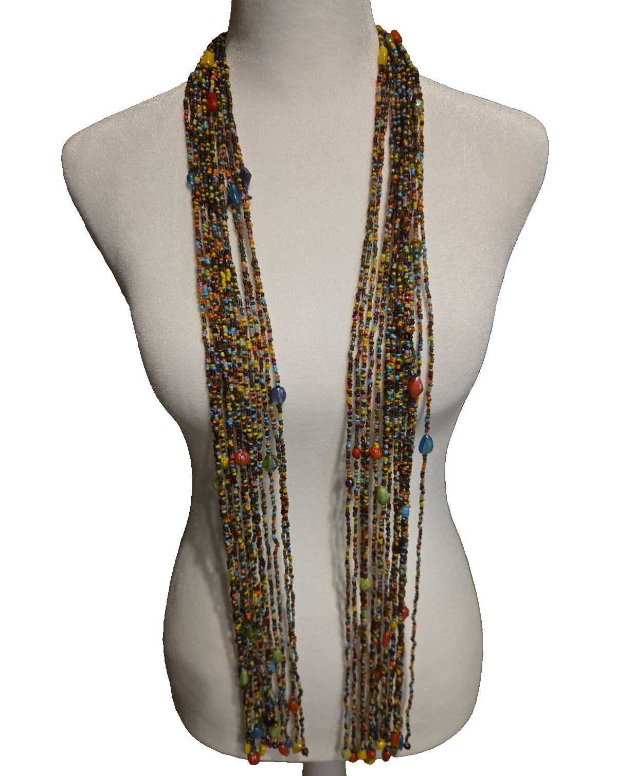 VTG Multi-Strand Glass Seed Bead Scarf Necklace Boho Open Wrap Fringe No Clasp
