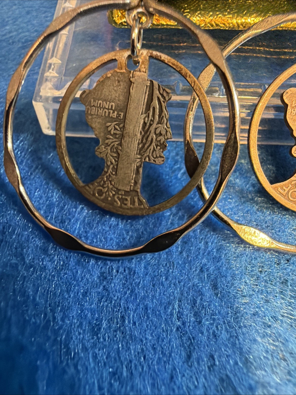 Estate Vintage Silver Pierced Double Hoop Mercury Dime cut out earrings 1935@43