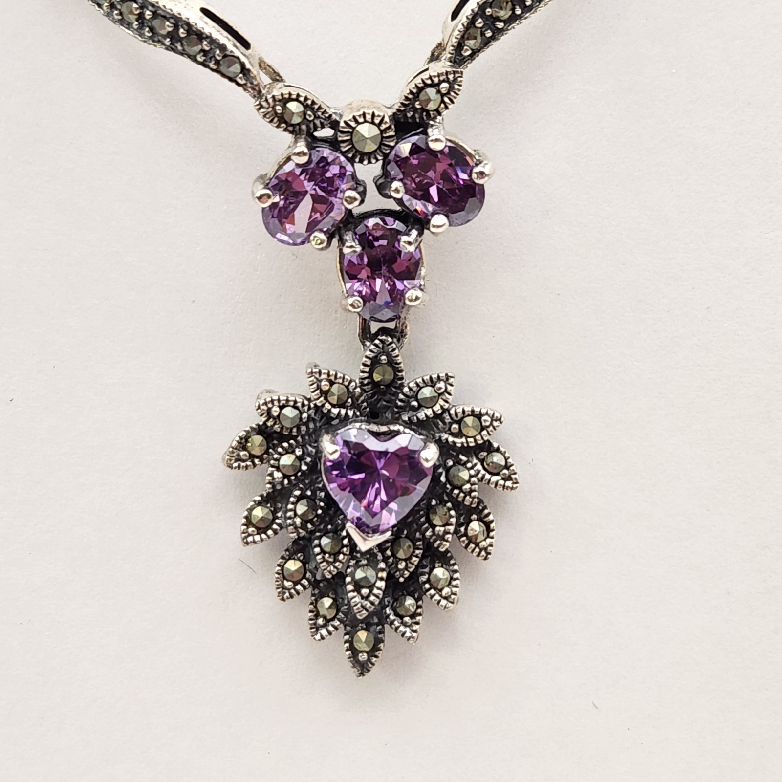 Charles Winston CW 925 Sterling Silver 43g Amethyst Marcasite Statement Necklace