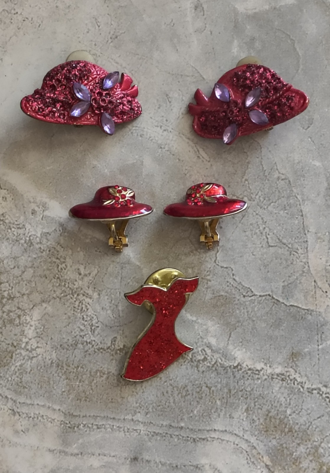 Red Hat Society Brooch Pin Earrings Lot Enamel Rhinestone