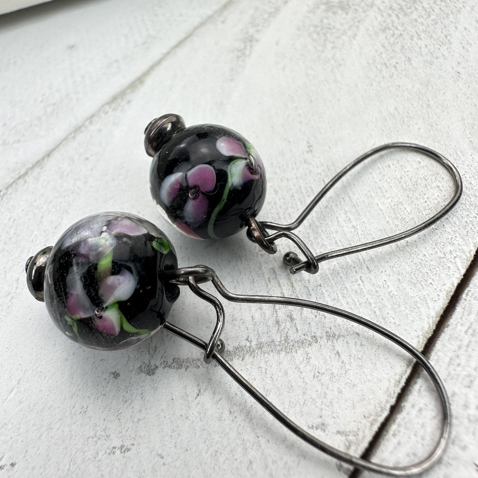 Vintage Venetian Murano Glass Black Flower Ball Dangle Earrings