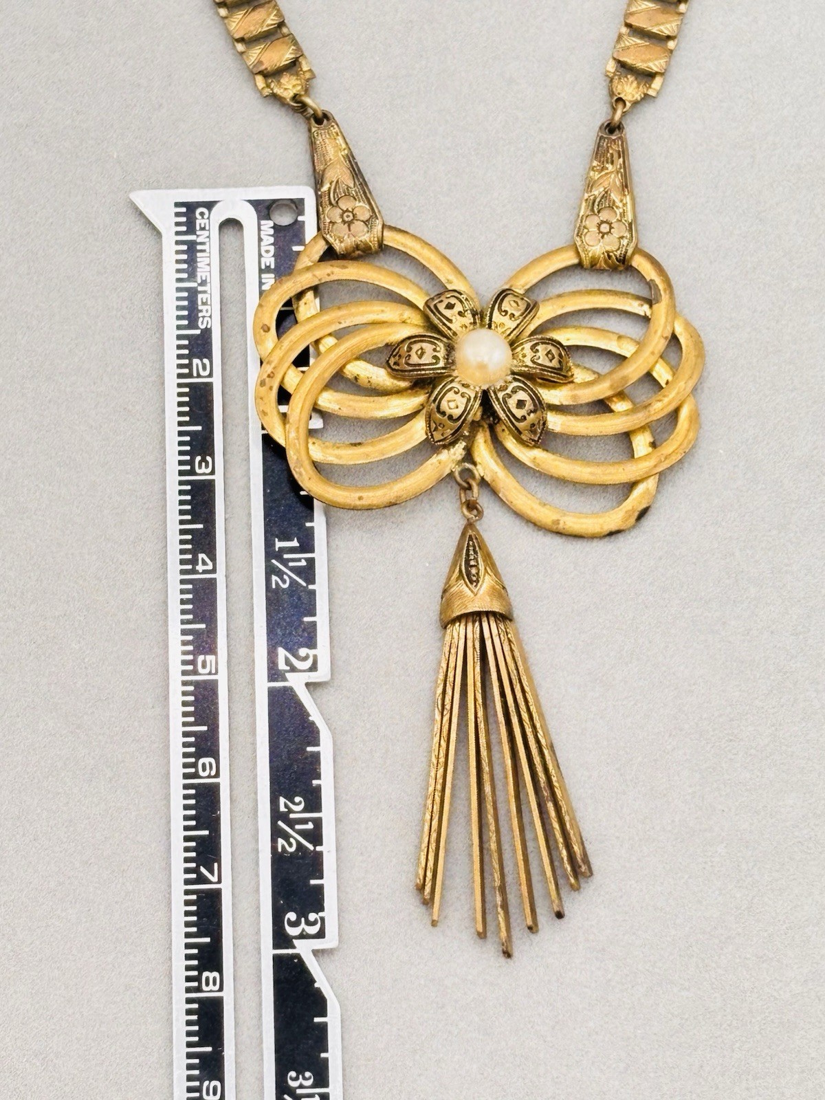 Antique Book Chain Gold Tone Necklace Floral Etched Bow Articulated Pendant