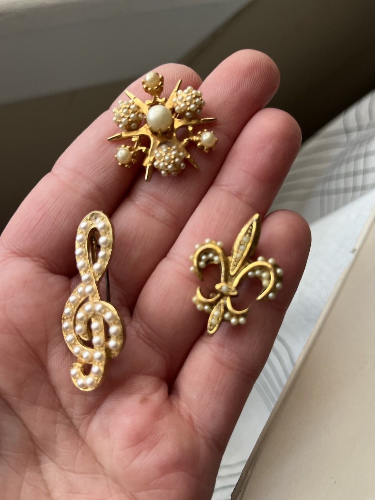 Vintage Seed Pearl Brooch Lot BSK ART TACOA moon fleur de lis Victorian Revival