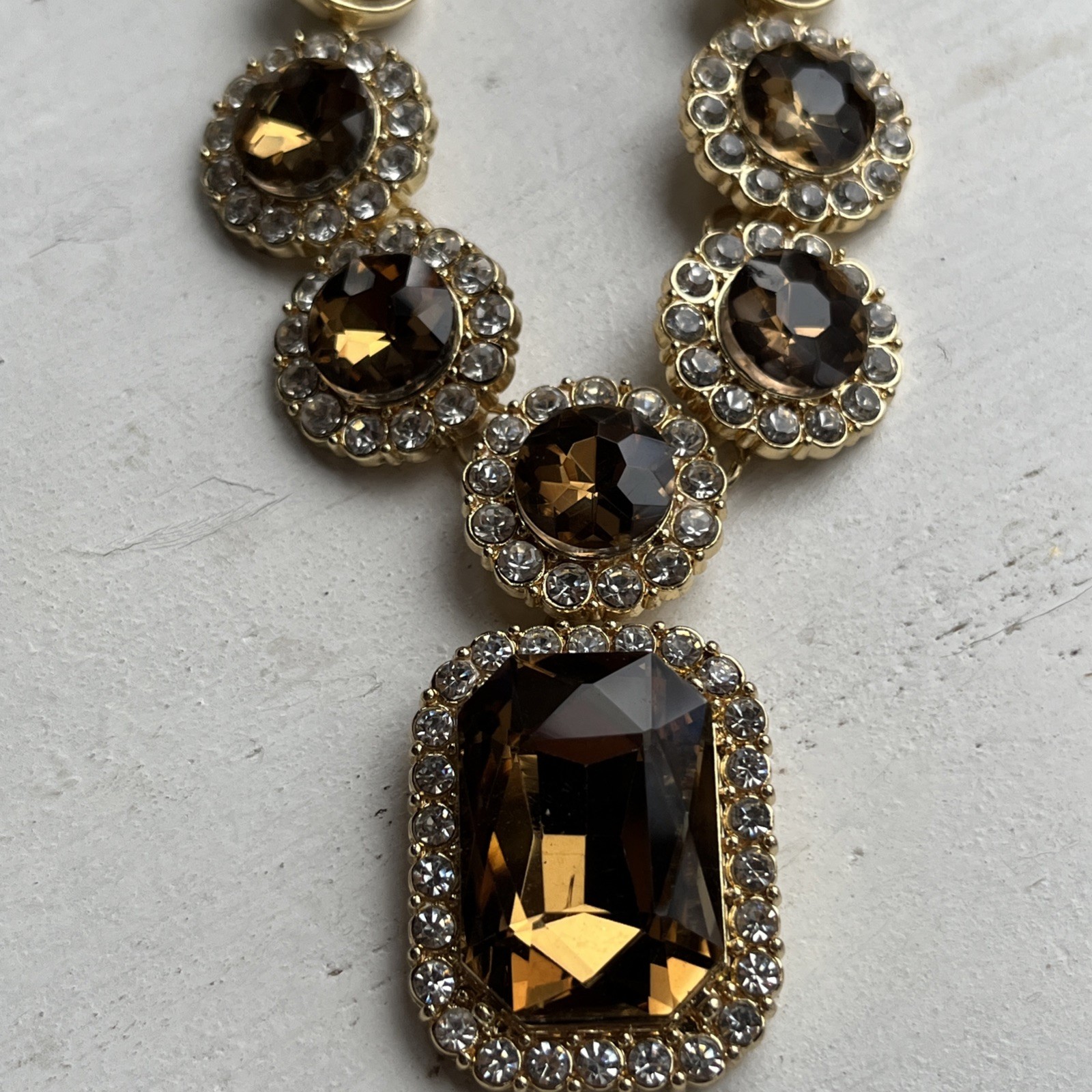Vintage Monet Faceted Golden Topaz Crystal & Clear Rhinestone Statement Necklace
