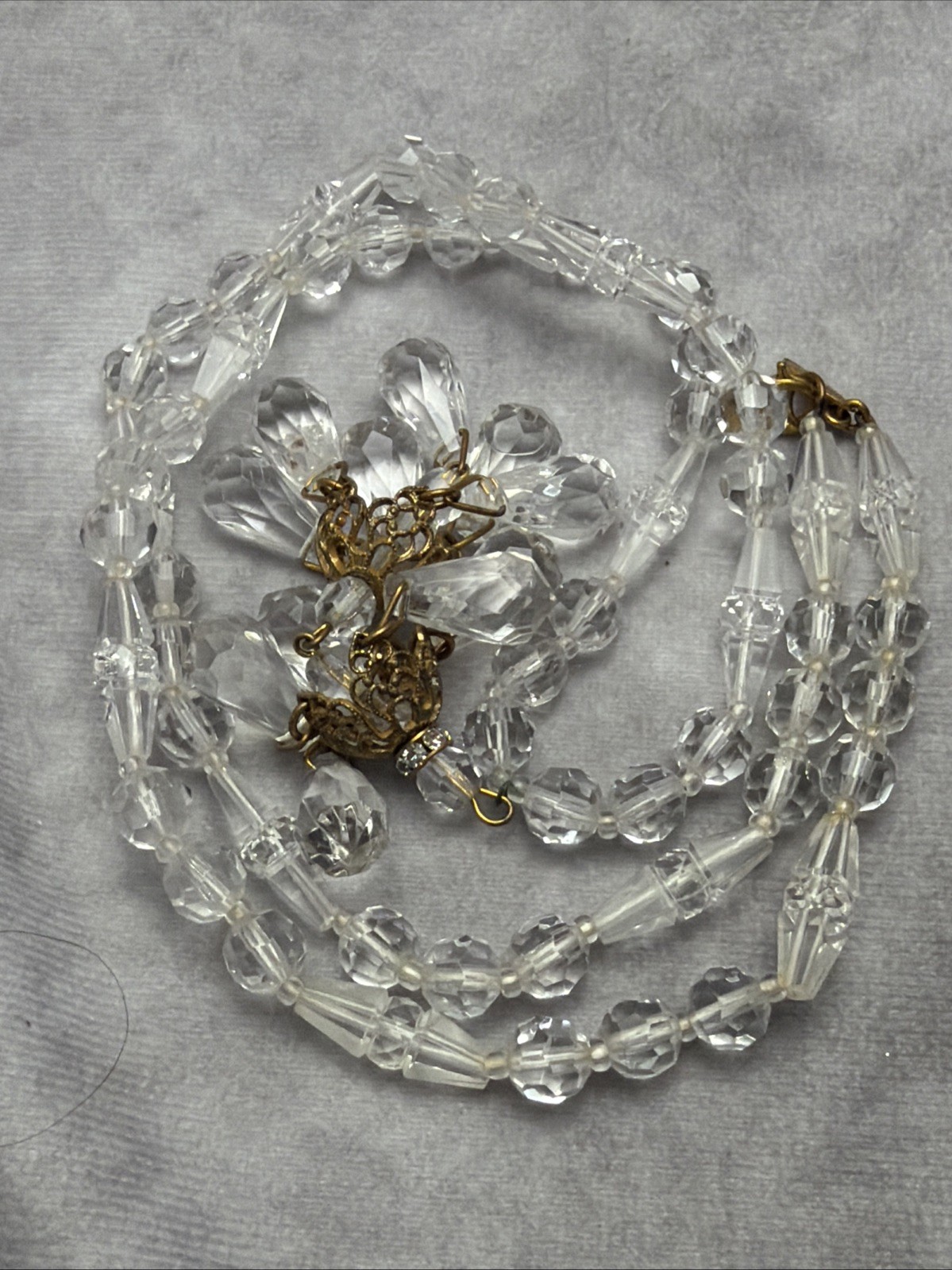 Vintage Signed Miriam Haskell Brass Crystal Facet Glass Dangle Necklace T2
