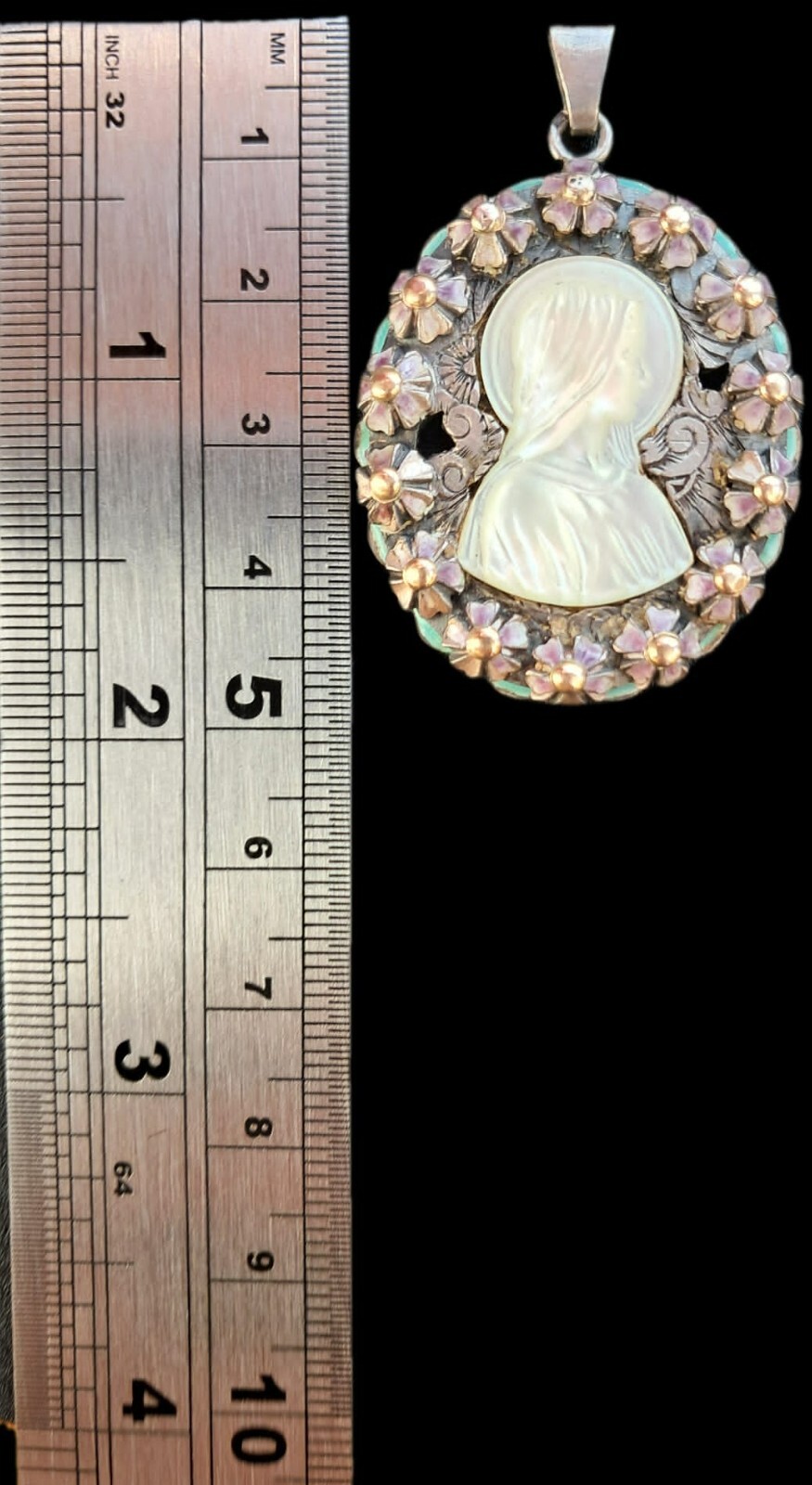 Fine Antique European Art Deco Gold Silver Enamel MOP Virgin Mary Pendant C1900
