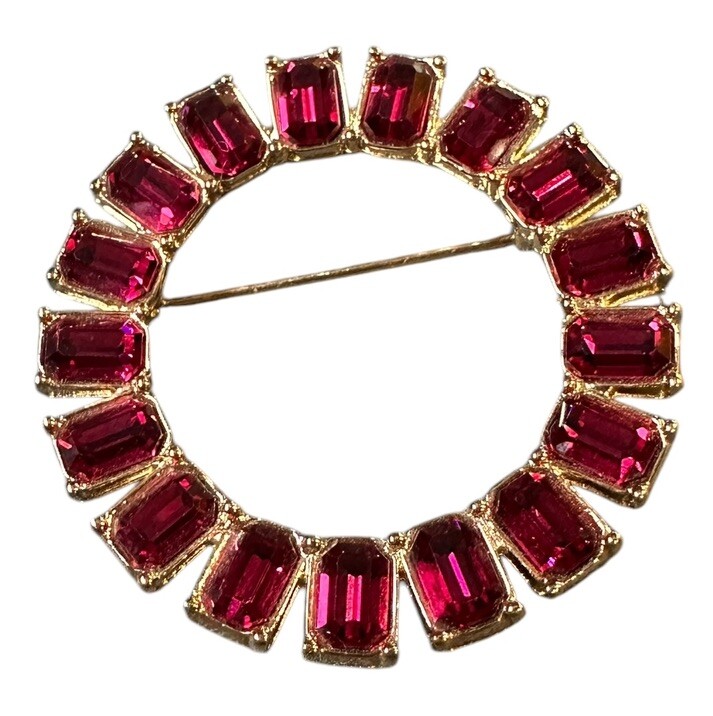 Vintage Jewelry Signed Monet Beautiful Deep Red Rhinestone Circular Pin Brooch