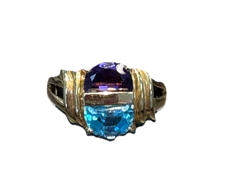 14k Gold Amethyst, Blue Topaz Ring Size 5 Can Be Sized