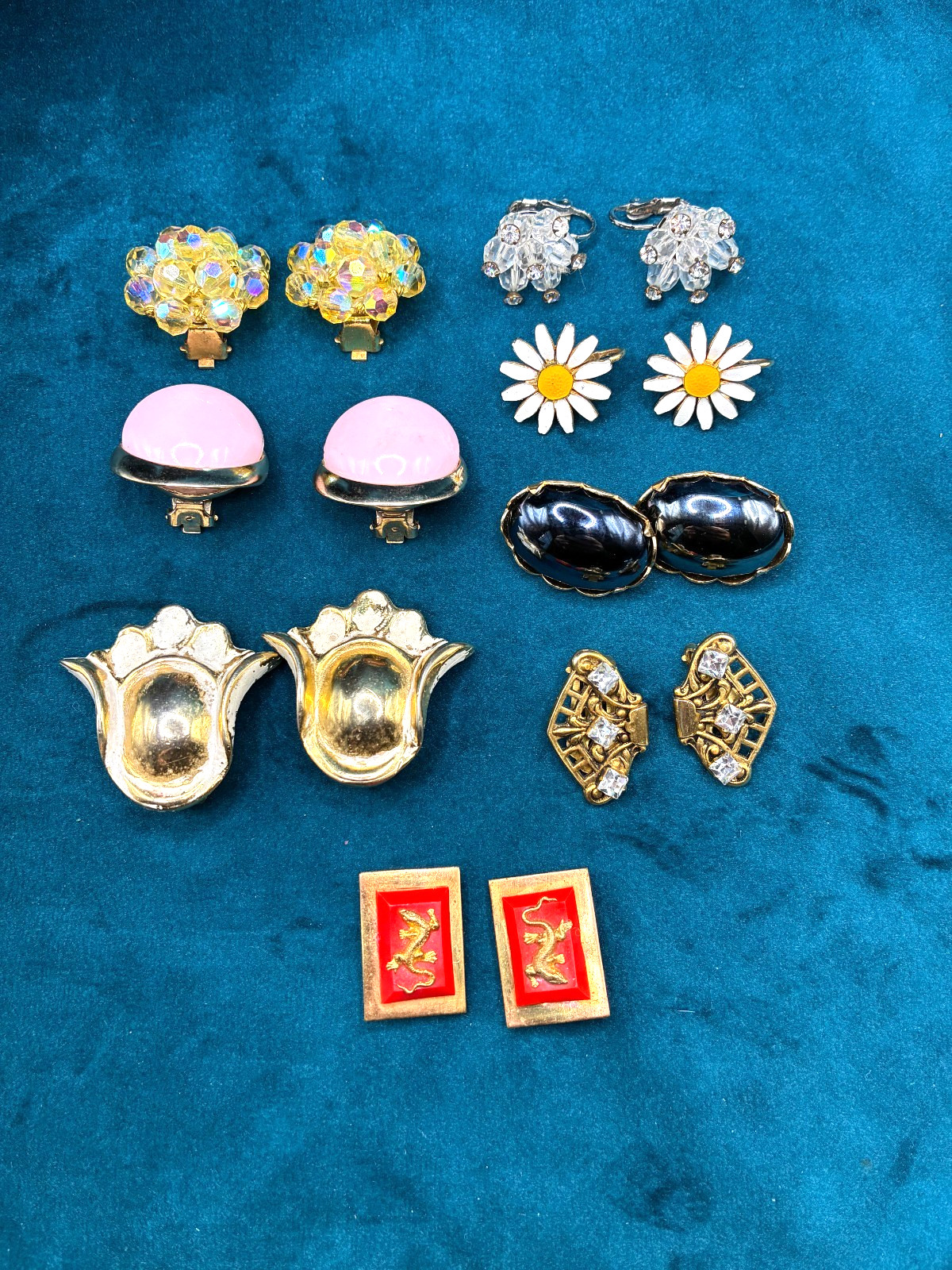 VTG Gold Tone Earring Lot 7 Clip On Zentall Bergere Unmarked AB Rhinestone READ