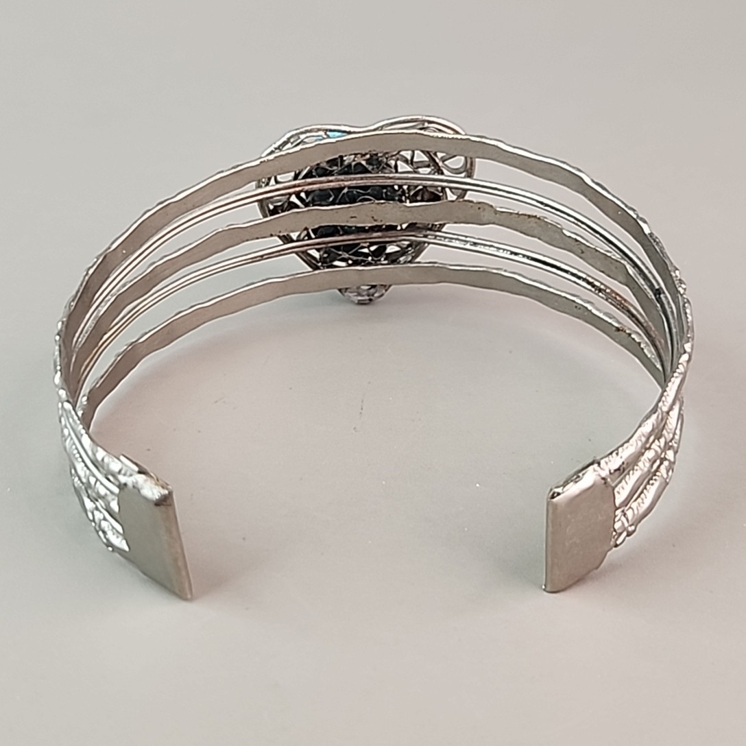 Scarab Cuff Bracelet Faience Blue Clay Wire Heart Silver Tone 7.75″